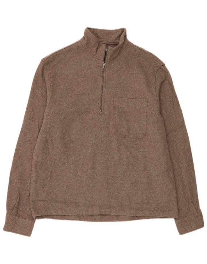 Zara Mens Zip Neck Jumper Sweater Small Beige Acrylic