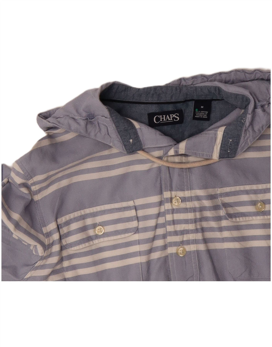 CHAPS Mens Hooded Pullover Shirt Medium Blue Striped Cotton