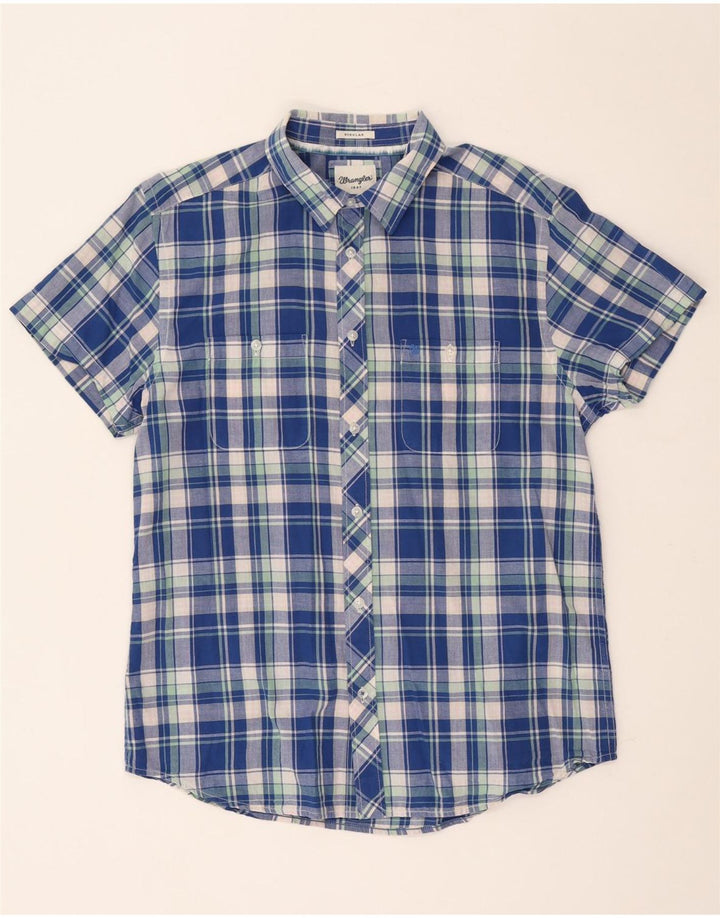 Wrangler Mens Regular Fit Short Sleeve Shirt Large Blue Check Cotton