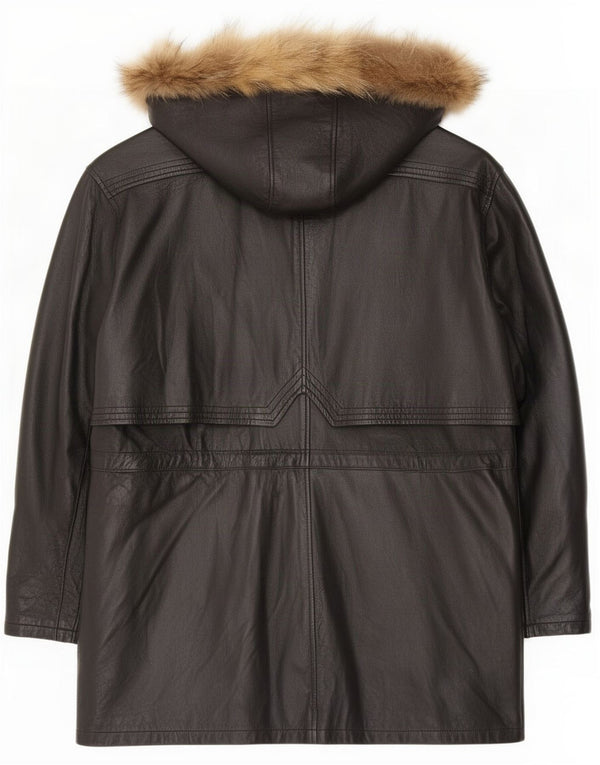 Vintage læderfrakke med hætte til kvinder IT 46 Large Black