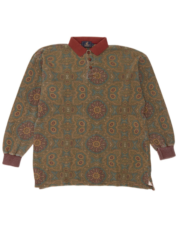 Green Mens Long Sleeve Polo Shirt Medium Khaki Paisley Cotton