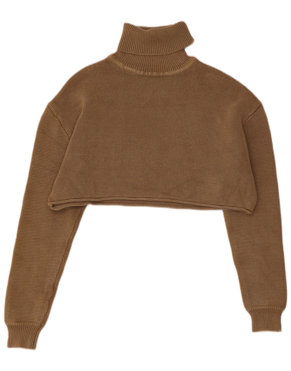 Zara Womens Crop Roll Neck Jumper Sweater UK 14 Medium Brown Cotton