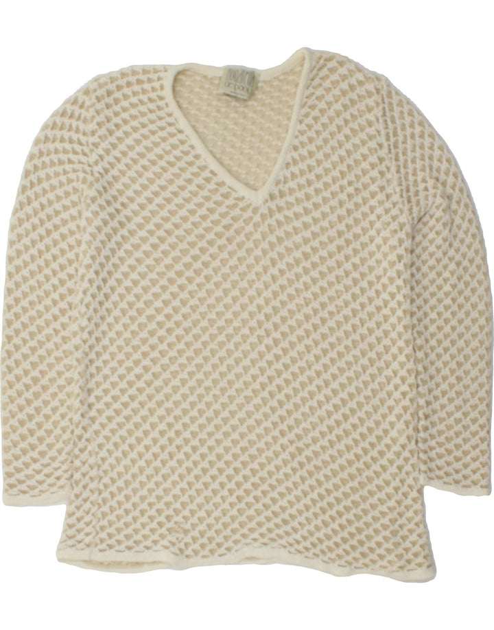 DONATELLA Womens V-Neck Jumper Sweater UK 14 Medium Beige Polyamide Vintage Donatella and Second-Hand Donatella from Messina Hembry 