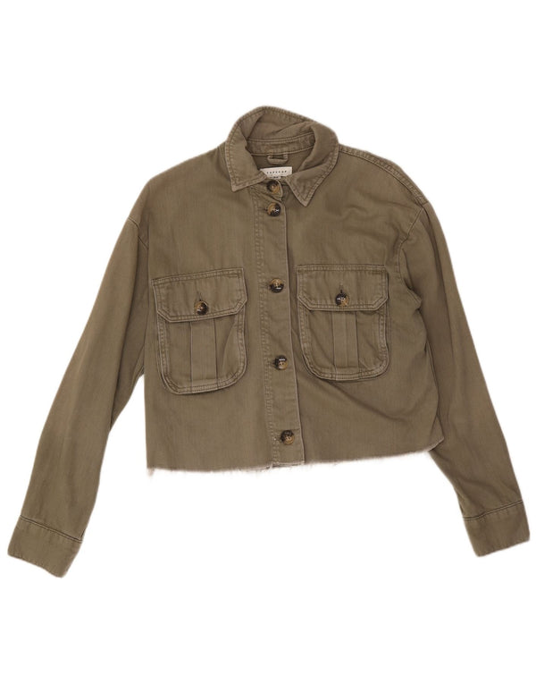 Topshop Damen Crop Übergroße Jeansjacke UK 6 XS Khaki Baumwolle