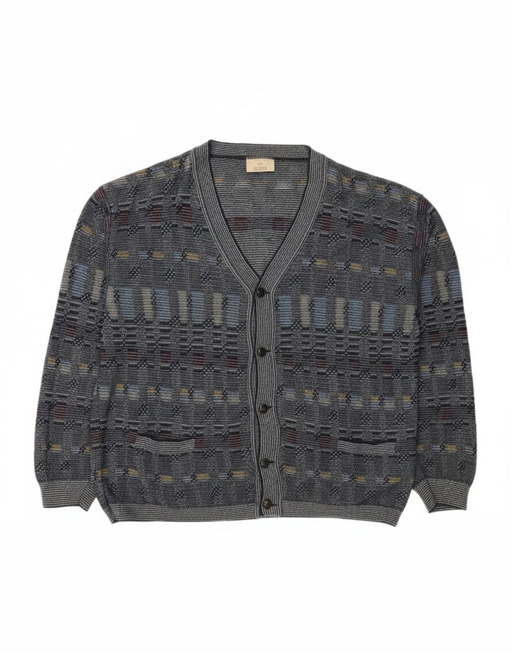 RODES Mens Cardigan Sweater Large Navy Blue Geometric Cotton
