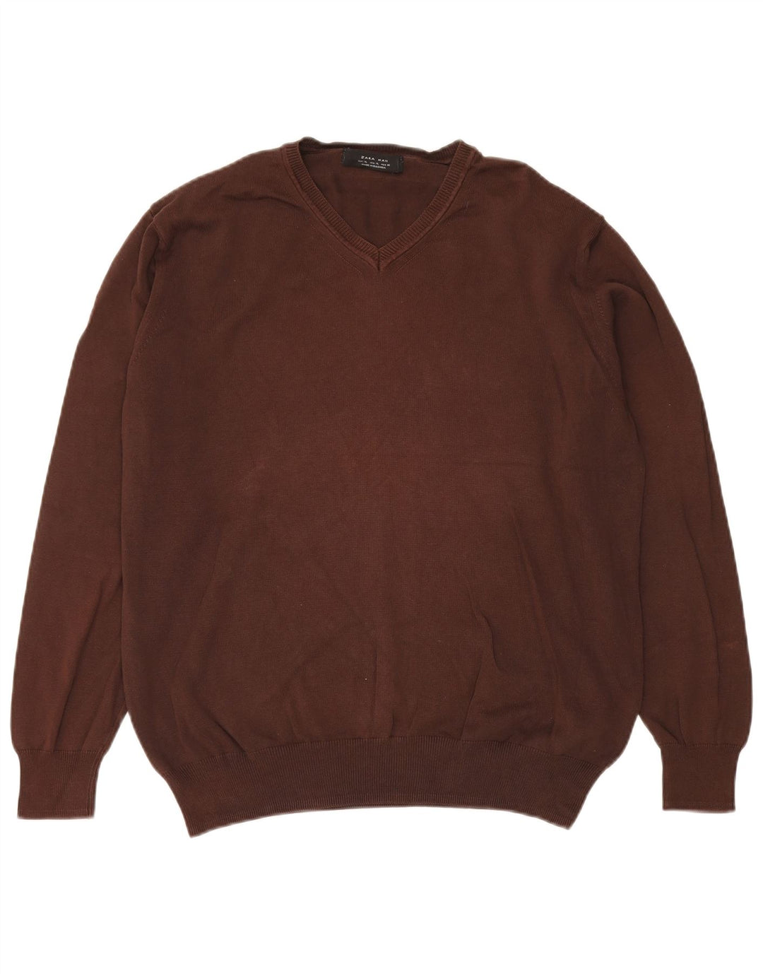 Zara Mens V-Neck Jumper Sweater XL Brown Cotton