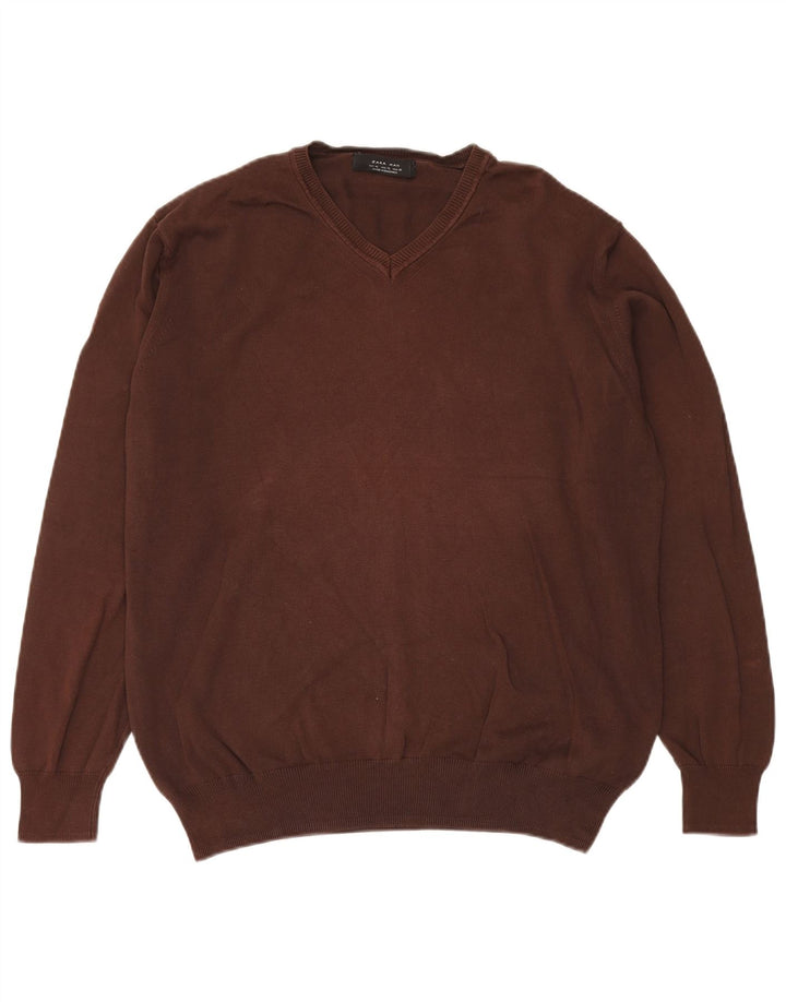 Zara Mens V-Neck Jumper Sweater XL Brown Cotton