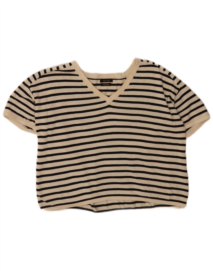 Massimo Dutti Womens Crop T-Shirt Top UK 14 Medium Off White Striped