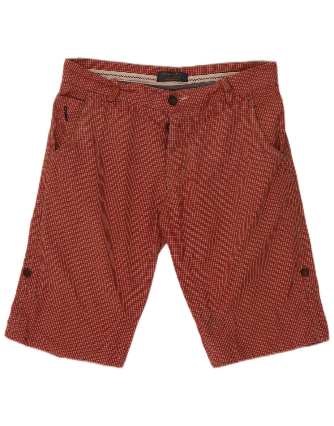 Zara Mens Chino Shorts EU 42 Large W32  Red Check Cotton