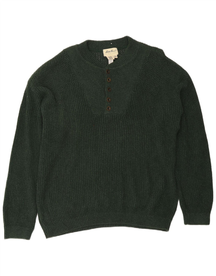 Eddie Bauer Herre Button Neck Jumper Sweater Stor Grøn Bomuld