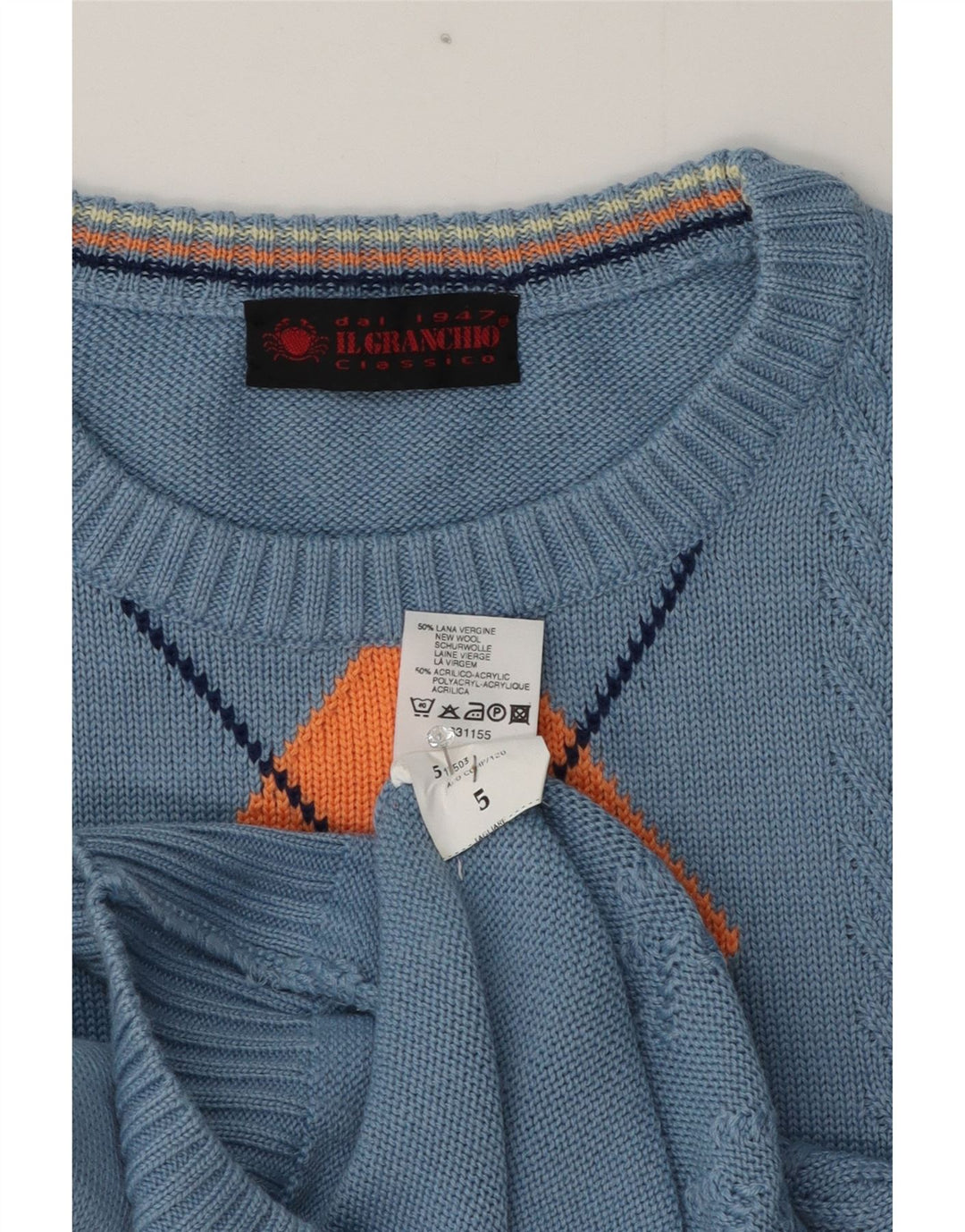 Il Granchio Mens Crew Neck Jumper Sweater Medium Blue Argyle/Diamond Wool