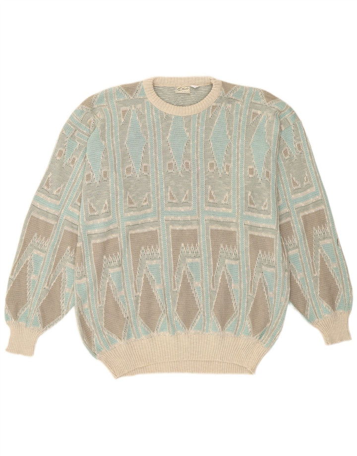 Taifun Mens Crew Neck Jumper Sweater Medium Turquoise Geometric Cotton