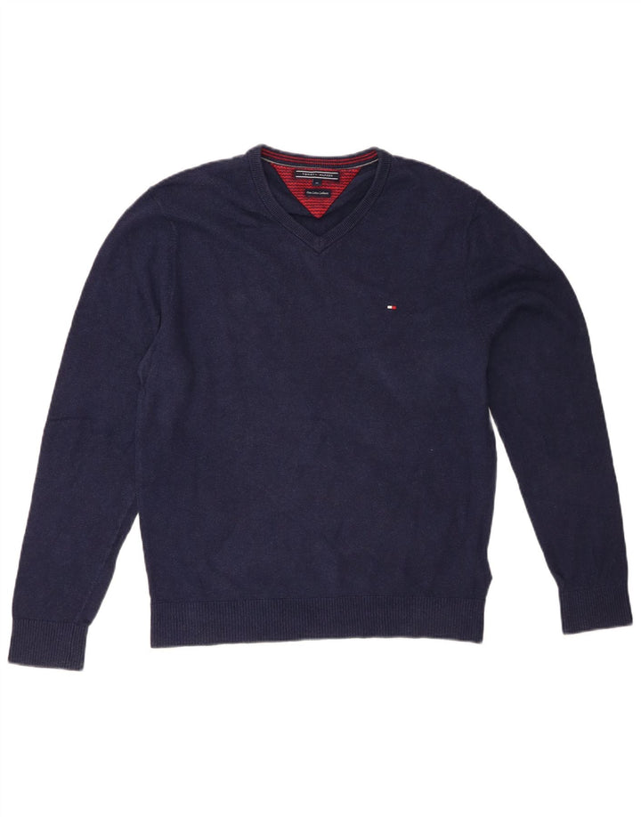 TOMMY HILFIGER Mens V-Neck Jumper Sweater Medium Navy Blue Cotton