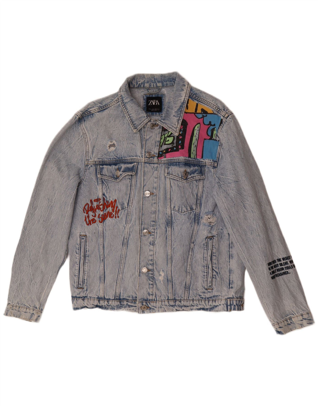Zara Mens Distressed Graphic Denim Jacket UK 42 XL Blue