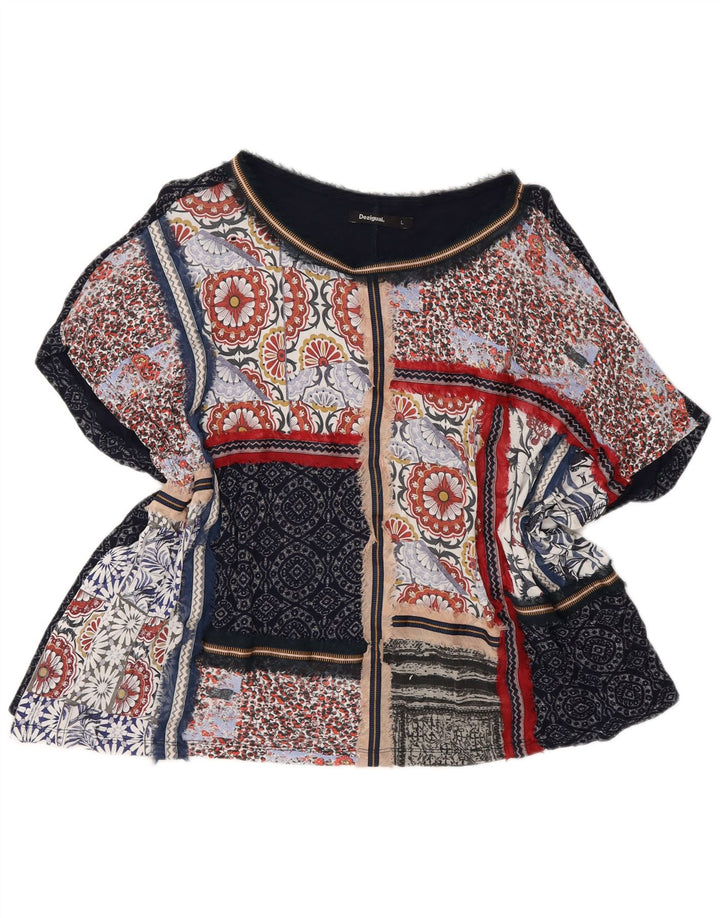 Desigual Dame Poncho Bluse Top UK 14 Large Navy Blue Patchwork Bohemian