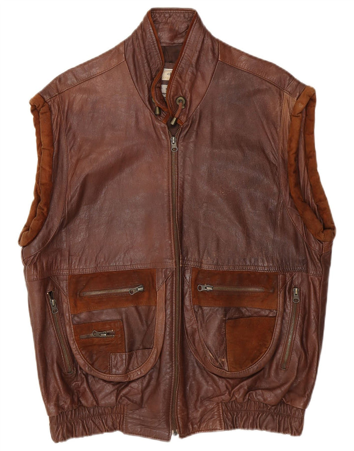 Vintage Mens Leather Gilet UK 40 Large Brown Leather