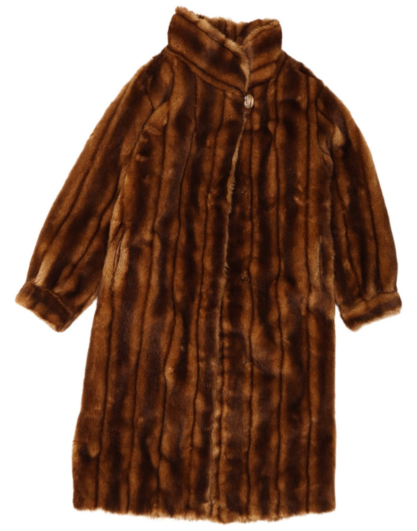 vintage Femmes Fausse Fourrure Pardessus UK 14 Medium Brown Rayé PVC