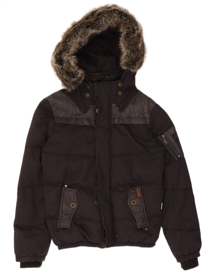 KHUJO Mens Hooded Padded Jacket UK 40 Large Black Colourblock Polyester