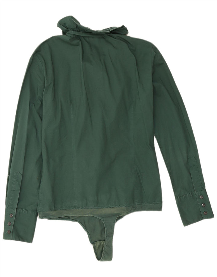 Benetton Womens Ruffle Front Bodysuit UK 16 Large Green Cotton