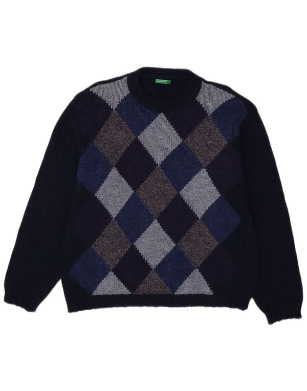 Benetton Herre Crew Neck Jumper Sweater Large Navy Blue Argyle/Diamond