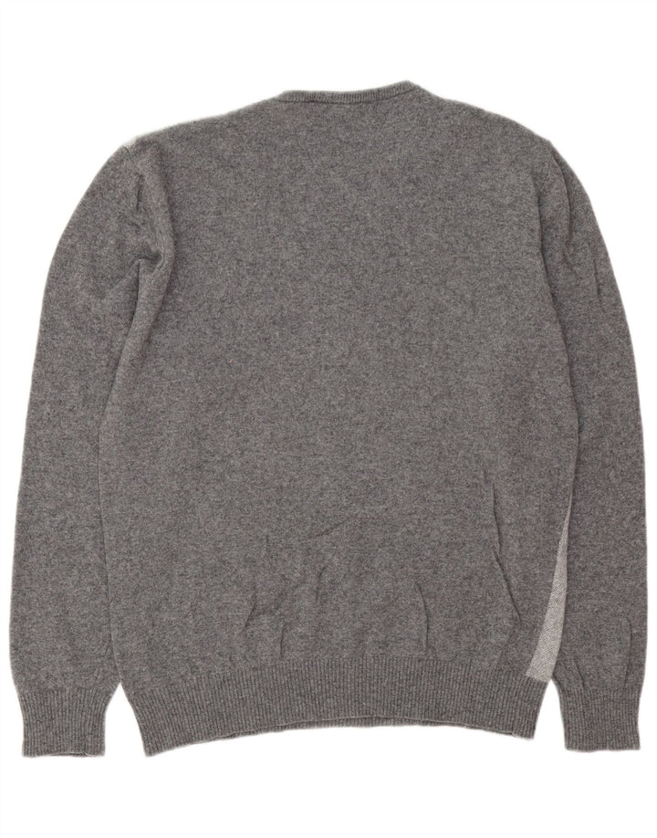 Vintage Mens V-Neck Jumper Sweater Large Grey Striped