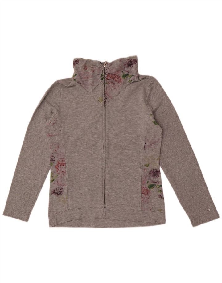 Champion Womens Tracksuit Top Jacket UK 14 Medium Grey Floral Cotton