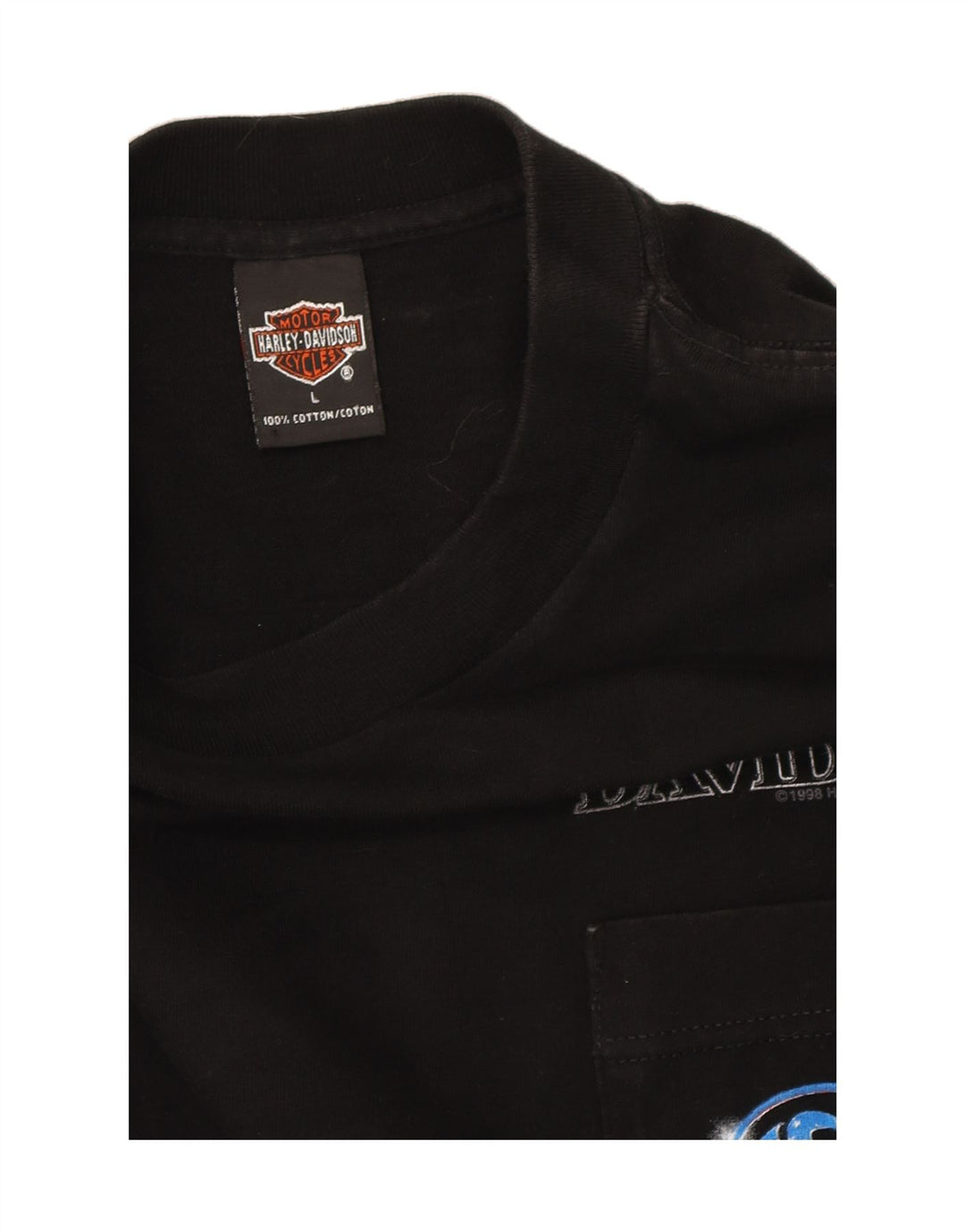 HARLEY DAVIDSON Mens 1998 Graphic Top Long Sleeve Large Black Cotton 90s Vintage Harley Davidson and Second-Hand Harley Davidson from Messina Hembry 