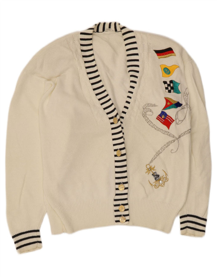 Vintage Womens Graphic Cardigan Sweater EU 40/42 Medium White Cotton