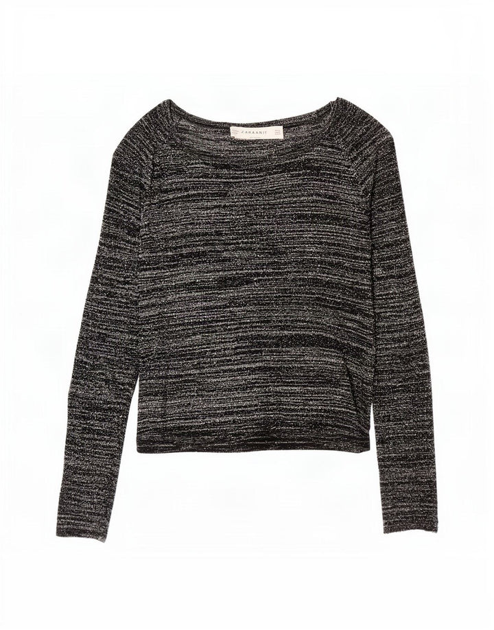 Zara Femme Top Manches Longues UK 12 Acrylique Rayé Noir Moyen