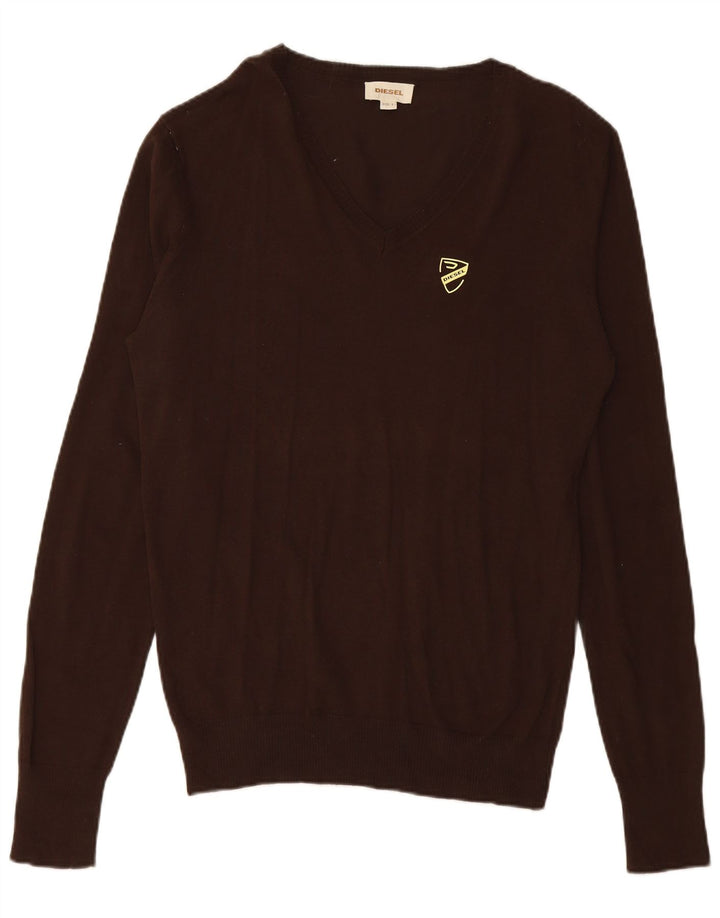 DIESEL Mens V-Neck Jumper Sweater Large Brown Cotton