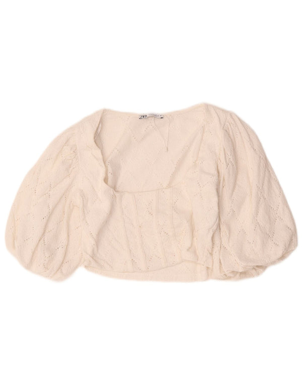 Zara Donna Camicetta Corta con Maniche a 3/4 Top UK 14 Grande Cotone Bianco