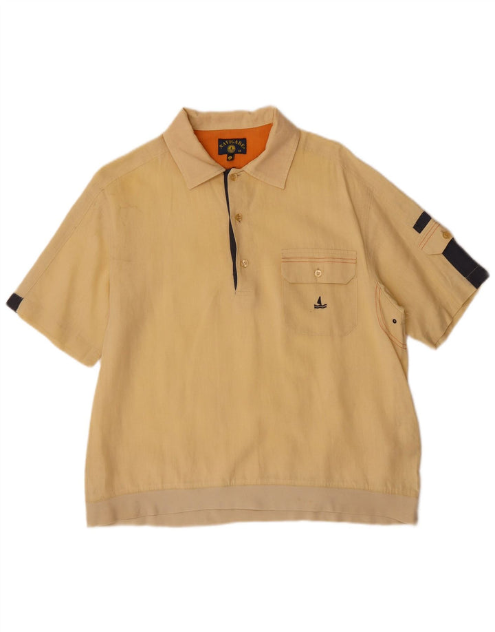 NAVIGARE Mens Short Sleeve Pullover Shirt Medium Yellow Colourblock Cotton