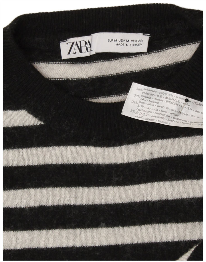 Zara Womens Crew Neck Jumper Sweater UK 14 Medium Black Striped Polyamide