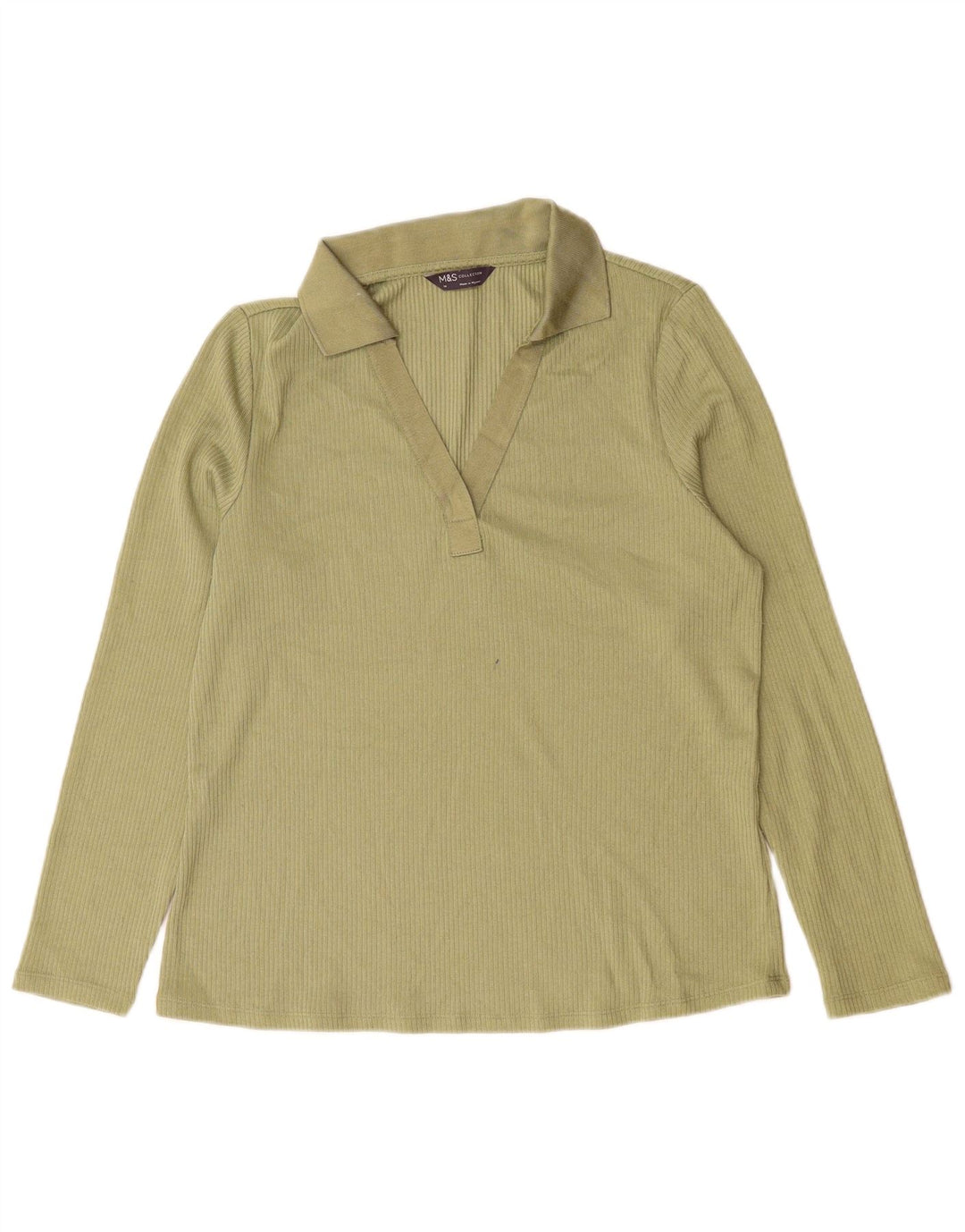 Marks & Spencer Womens Long Sleeve Polo Shirt UK 14 Large Green Polyester