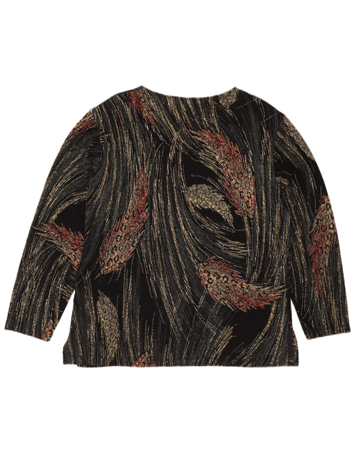 Top manica lunga da donna vintage con motivo astratto UK 16 grande viscosa nera