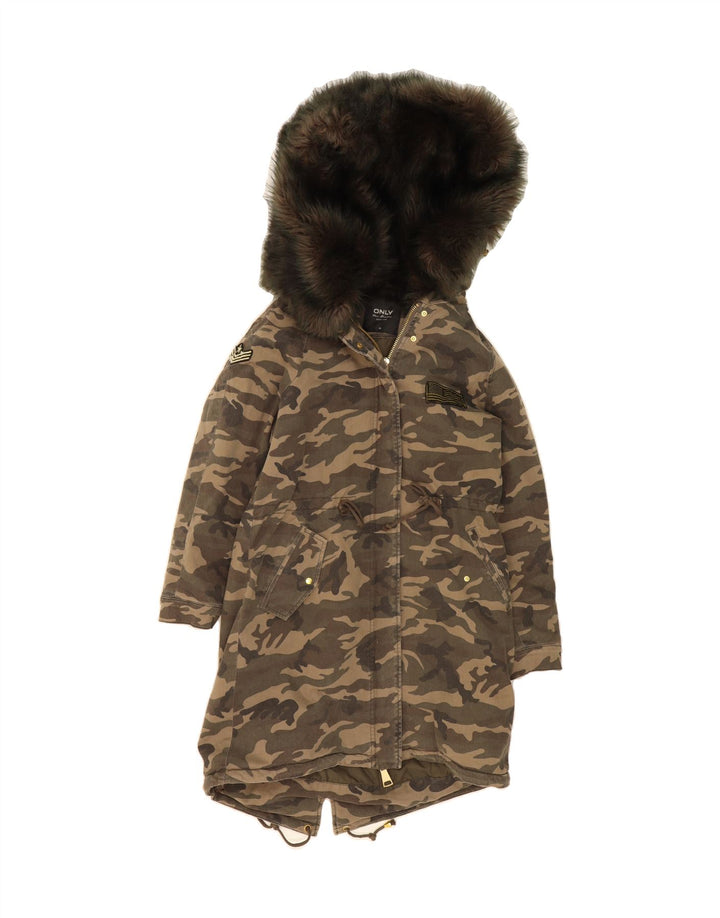 ONLY Womens Hooded Parka Jacket EU 38 Medium Khaki Camouflage Cotton Vintage Only and Second-Hand Only from Messina Hembry 