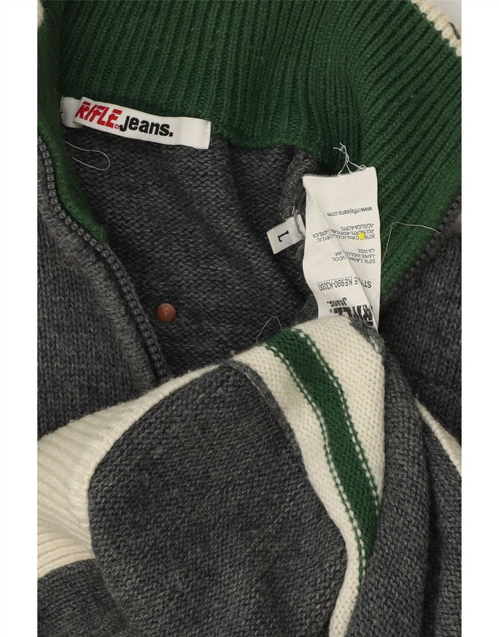 Rifle Mens Graphic Cardigan Sweater Large Grey Colourblock Wool