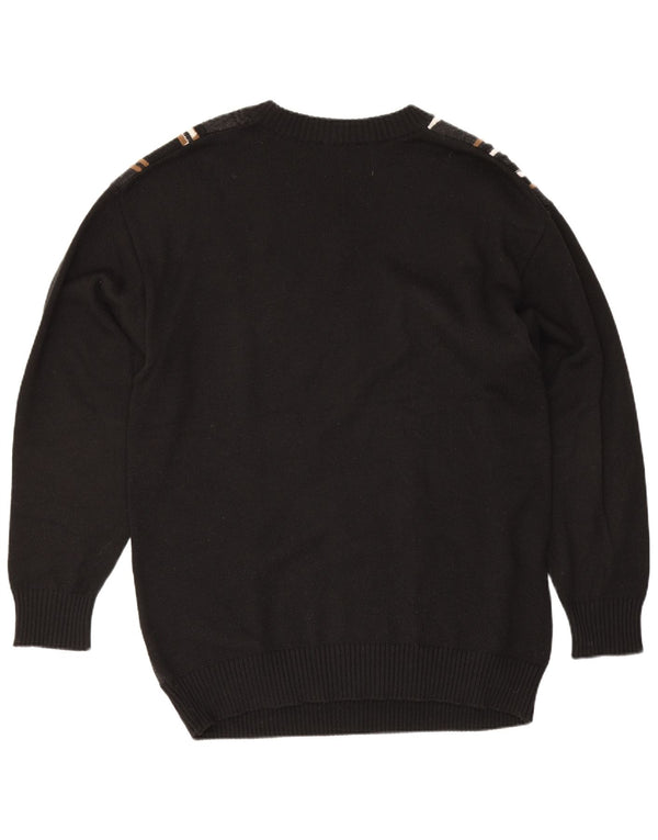 Vintage Mens V-Neck Jumper Sweater EU 46 Small Black Geometric Merino Wool