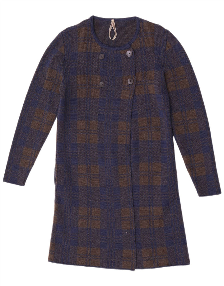 Vintage Womens Longline Cardigan Sweater UK 14 Medium Navy Blue Check