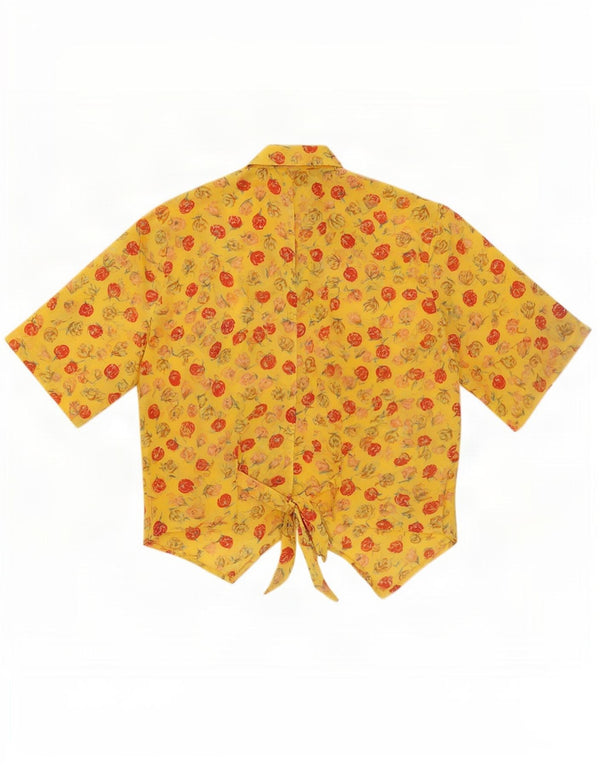 Vintage Womens Crop kortærmet skjortebluse UK 14 Medium Yellow Floral