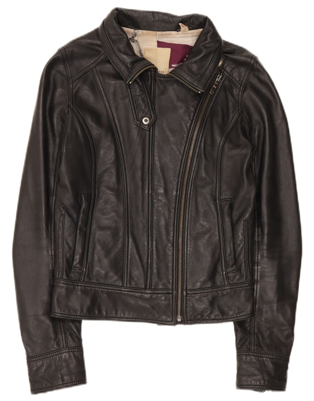 Ted Baker Dame Crop Læder Biker Jacket Størrelse 1 XS Sort Læder