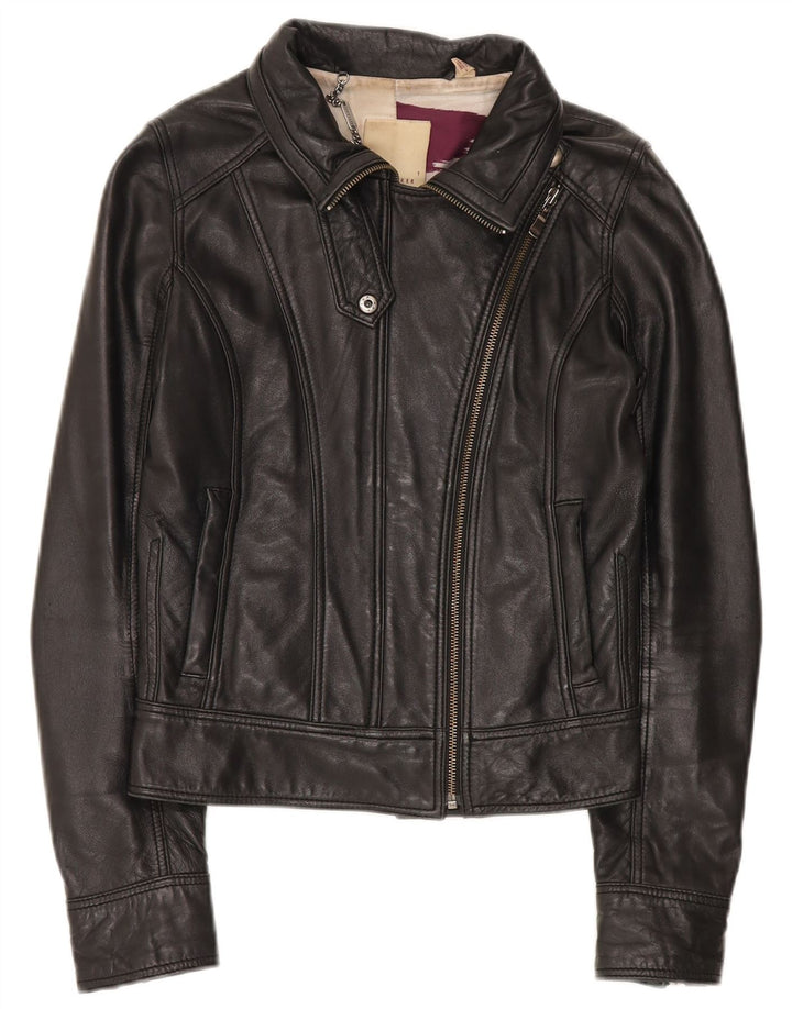 Ted Baker Dame Crop Læder Biker Jacket Størrelse 1 XS Sort Læder