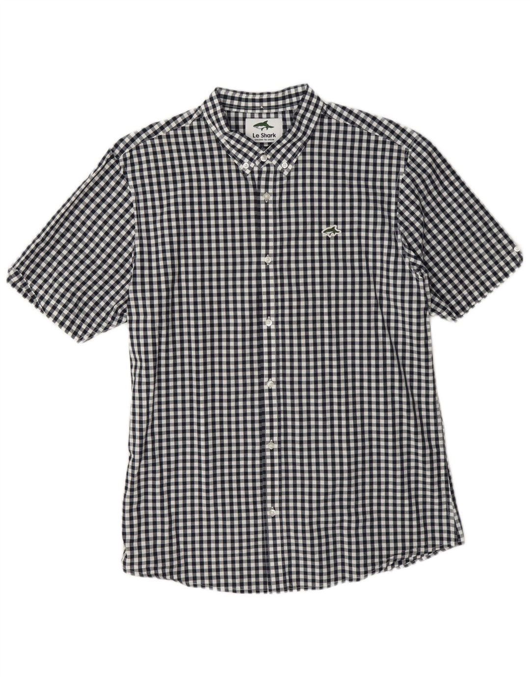 Le Shark Mens Short Sleeve Shirt Large Navy Blue Gingham Cotton