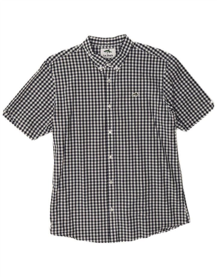 Le Shark Mens Short Sleeve Shirt Large Navy Blue Gingham Cotton