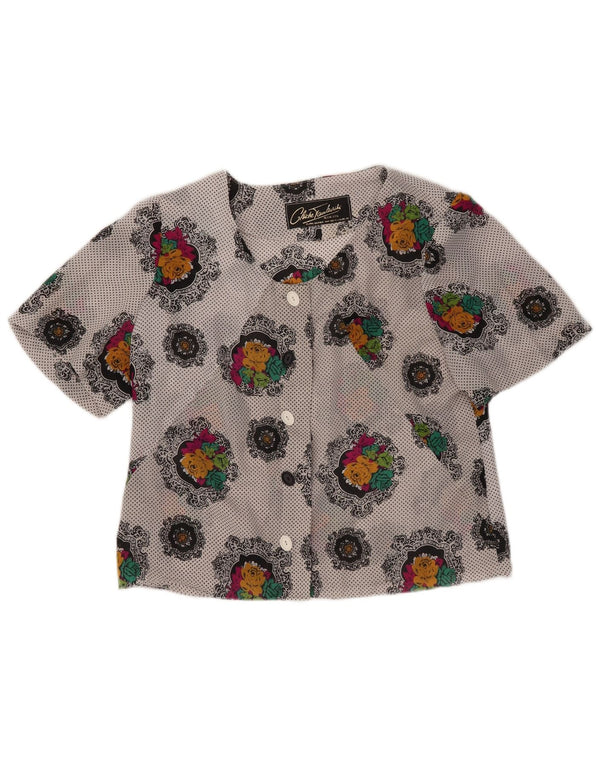 Vintage Womens Crop kortærmet skjortebluse UK 14 Medium Grey Floral