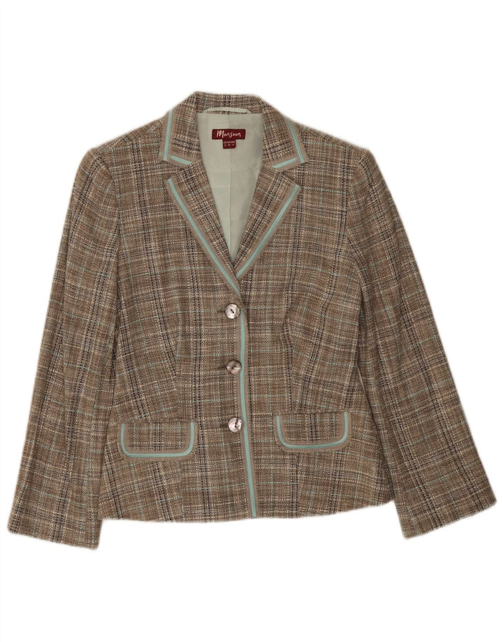 Giacca blazer a 3 bottoni da donna Monsoon UK 8 piccola seta a quadri verdi