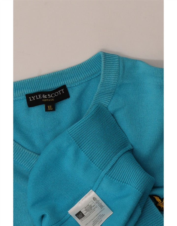 Lyle & Scott Mens V-Neck Jumper Sweater XL Blue Cotton