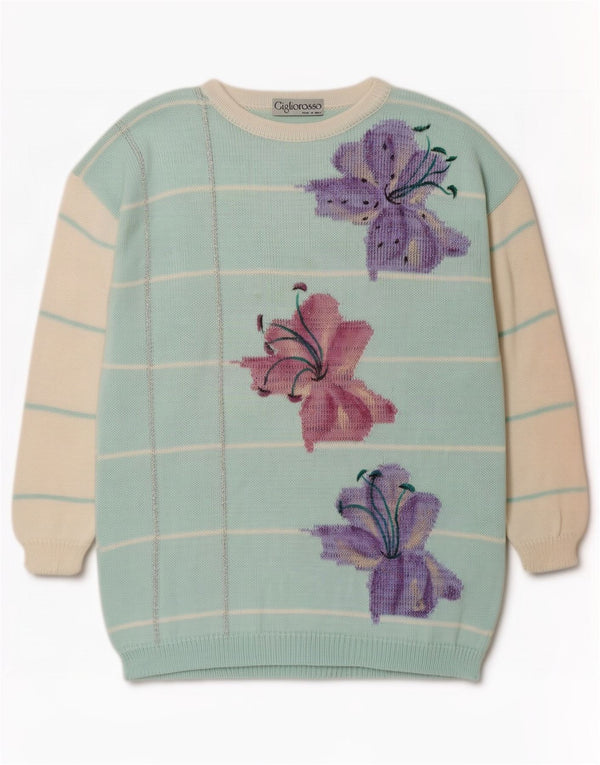 Pulover vintage pentru femei cu gât de barcă UK 16 mare, albastru, floral, poliacrilic