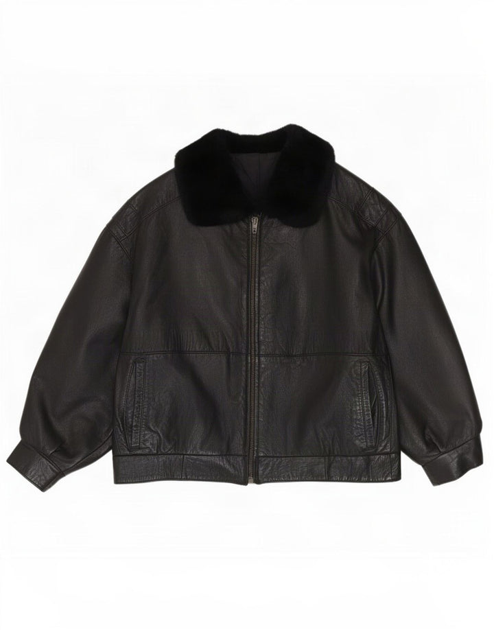 Vintage Damen Loose Fit Lederjacke IT 40 Small Schwarz