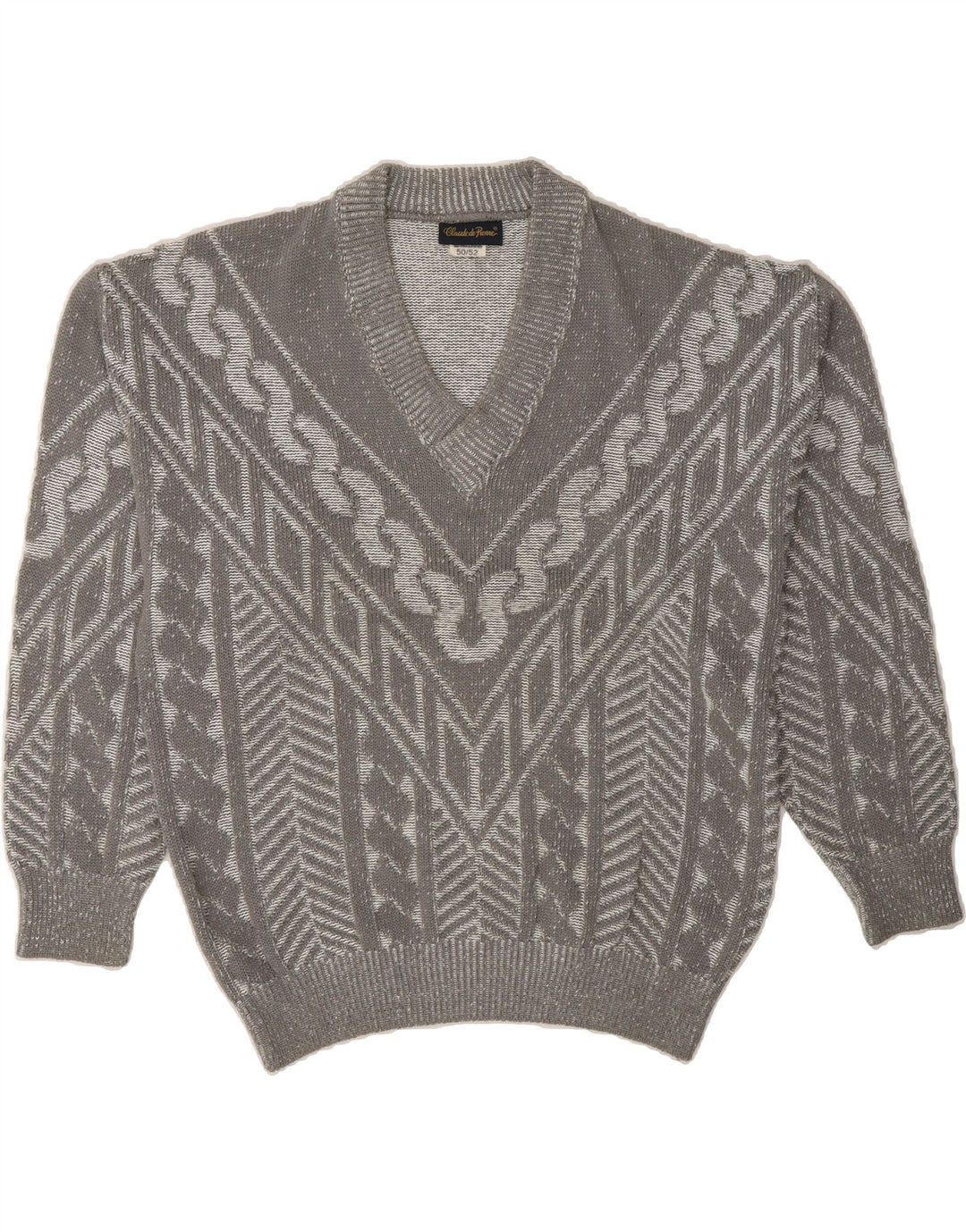 VINTAGE Mens V-Neck Jumper Sweater IT 50 Medium Grey Striped Acrylic Vintage Vintage and Second-Hand Vintage from Messina Hembry 